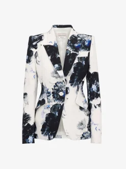 Flash Sale Alexander McQueen Women's Chiaroscuro Peak Shoulder Jacket in White/Black/Electric Blue