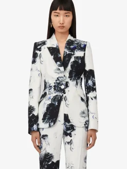 Flash Sale Alexander McQueen Women's Chiaroscuro Peak Shoulder Jacket in White/Black/Electric Blue