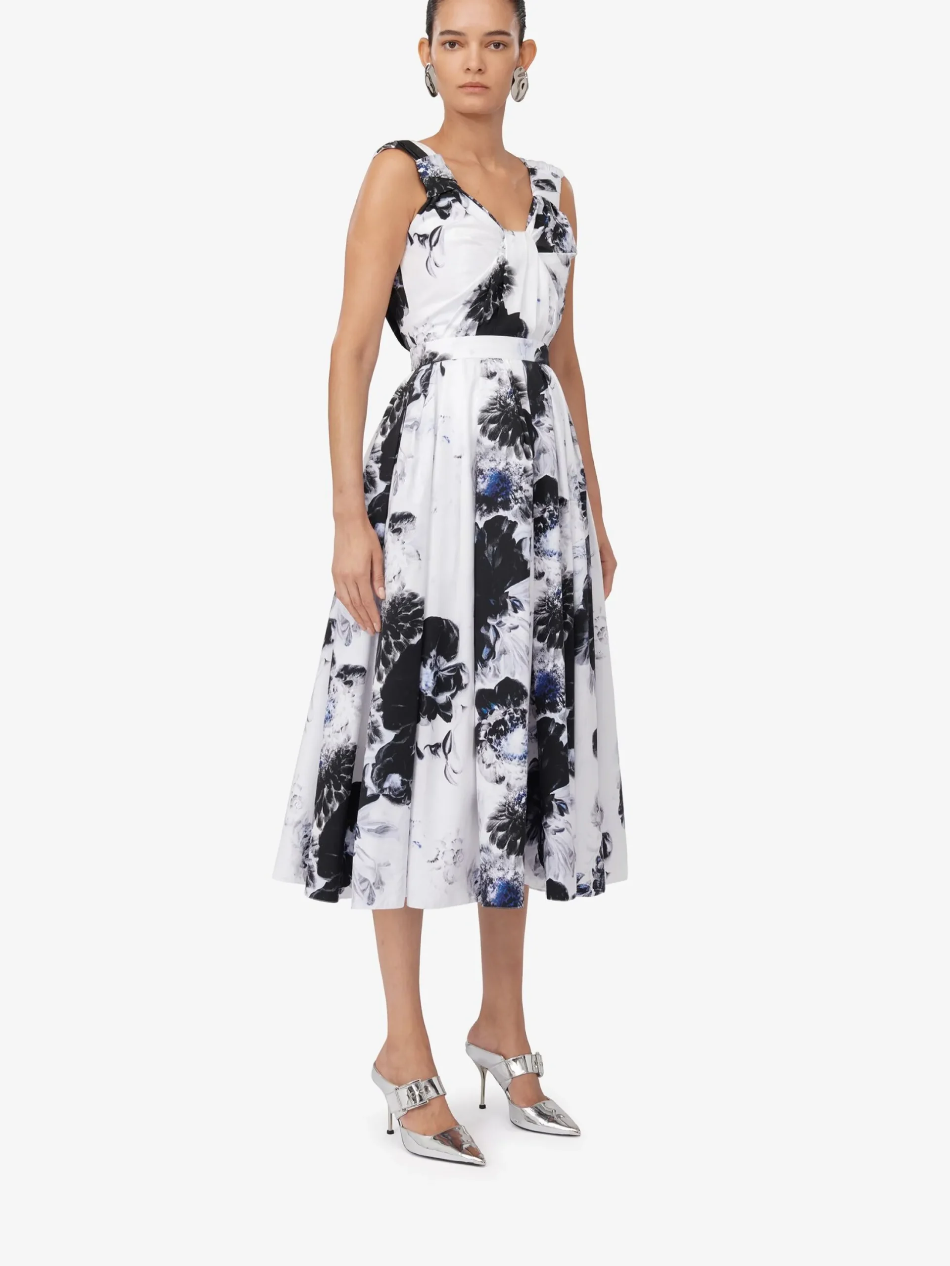 Outlet Alexander McQueen Women's Chiaroscuro Sleeveless Knot Dress in White/Black/Electric Blue