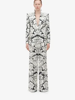 Discount Alexander McQueen Women's Damask Double Pleat Wide Leg Trousers in Black/Ivory