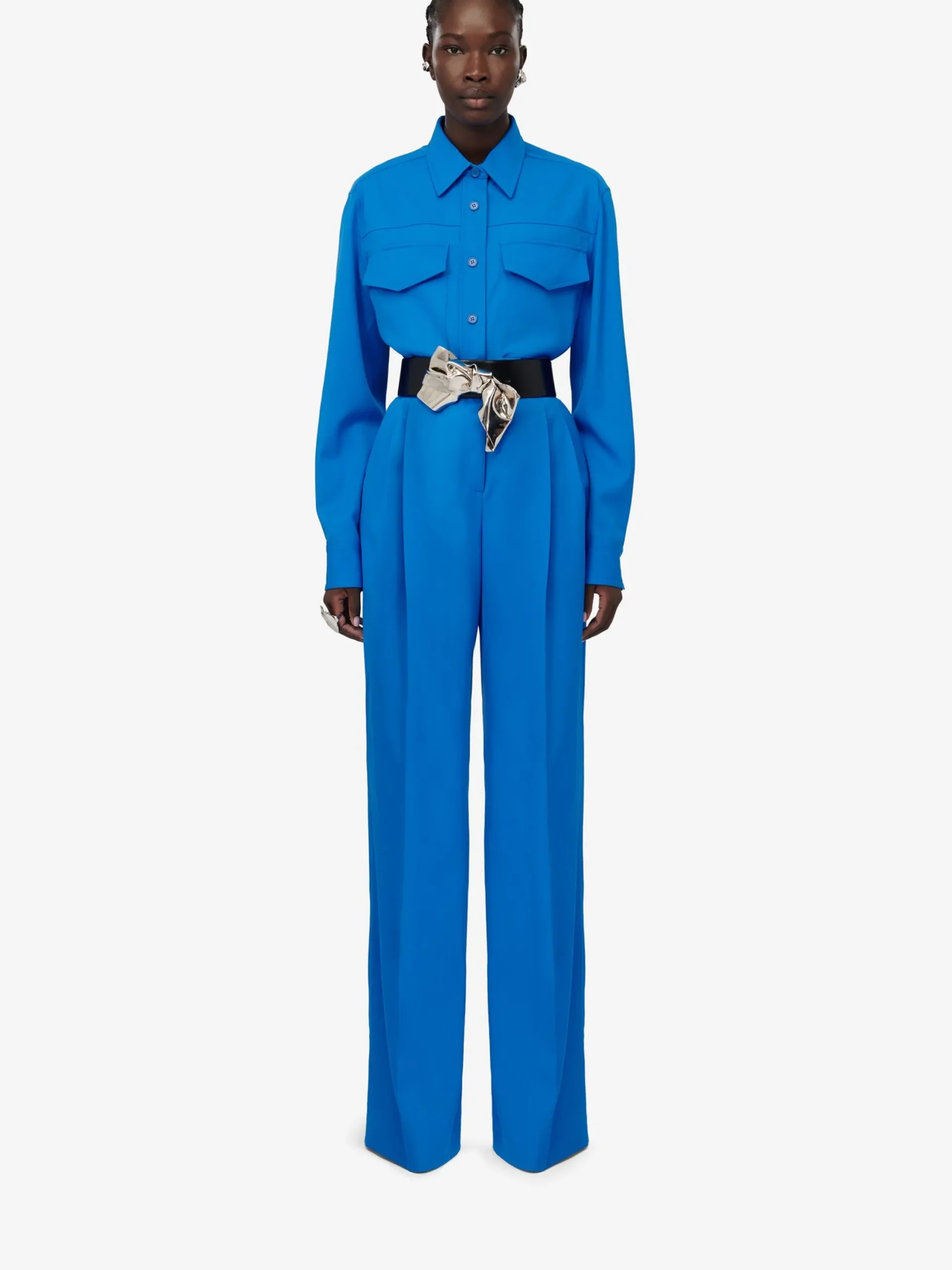 Flash Sale Alexander McQueen Women's Double Pleat Wide Leg Trousers in Lapis Blue