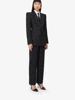 Best Sale Alexander McQueen Women's Double-breasted Broken Pinstripe Jacket in Black/Ivory