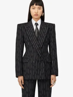 Best Sale Alexander McQueen Women's Double-breasted Broken Pinstripe Jacket in Black/Ivory