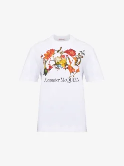 Discount Alexander McQueen Women's Dutch Flower Logo T-shirt in White