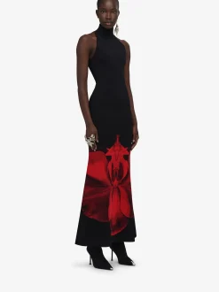 Clearance Alexander McQueen Women's Ethereal Orchid Long Dress in Black/Red