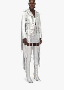 Outlet Alexander McQueen Women's Fringed Biker Jacket in Silver