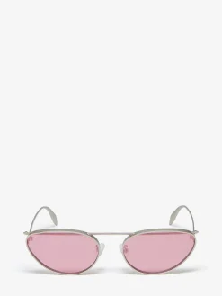 Shop Alexander McQueen Women's Front Piercing Cat-eye Sunglasses in Silver/Pink