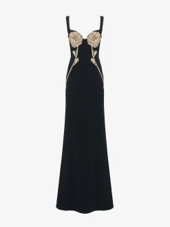 New Alexander McQueen Women's Gold Rose Embroidery Evening Dress in Black