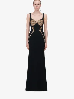 New Alexander McQueen Women's Gold Rose Embroidery Evening Dress in Black