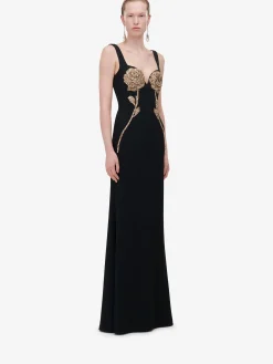 New Alexander McQueen Women's Gold Rose Embroidery Evening Dress in Black