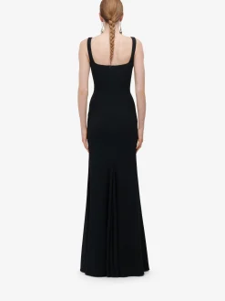New Alexander McQueen Women's Gold Rose Embroidery Evening Dress in Black