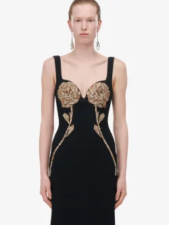 New Alexander McQueen Women's Gold Rose Embroidery Evening Dress in Black