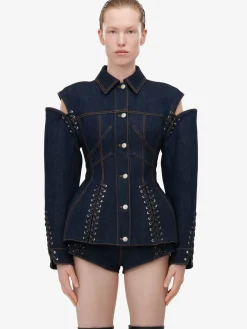 Store Alexander McQueen Women's Lace Detail Micro Shorts in Denim
