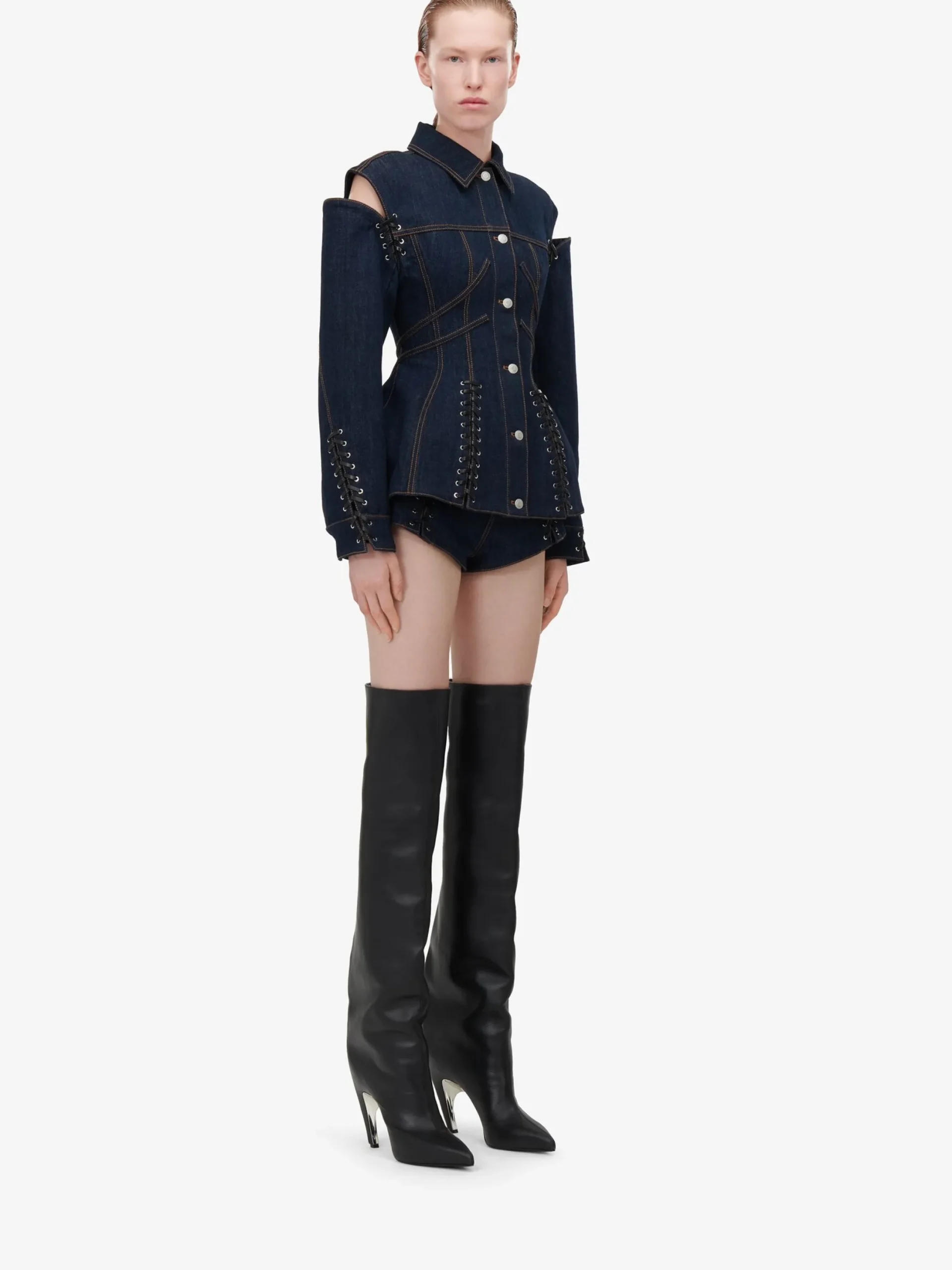 Sale Alexander McQueen Women's Lace Detail Slashed Jacket in Denim
