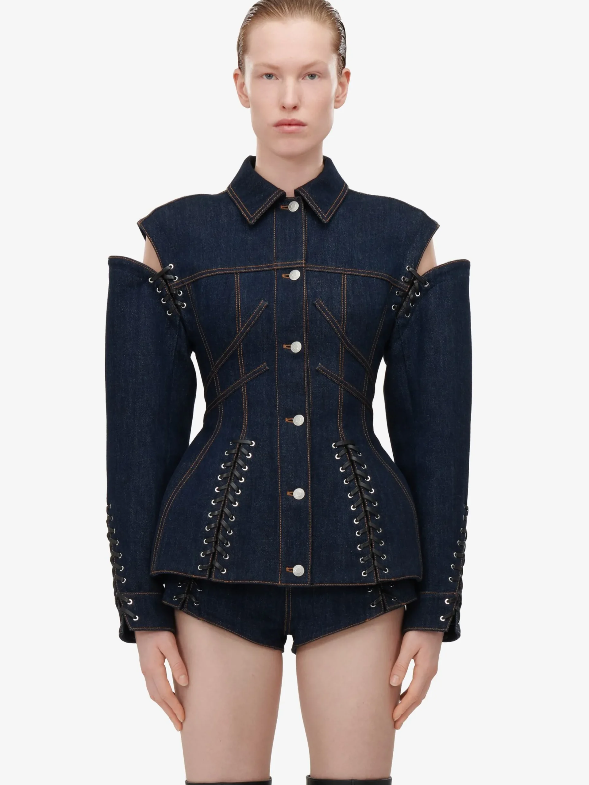 Sale Alexander McQueen Women's Lace Detail Slashed Jacket in Denim