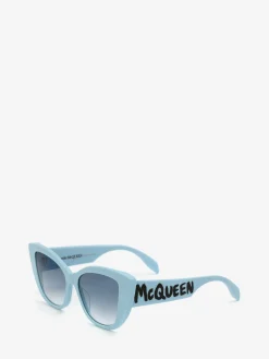New Alexander McQueen Women's McQueen Graffiti Cat-eye Sunglasses in Light Blue