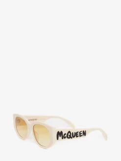Clearance Alexander McQueen Women's McQueen Graffiti Oval Sunglasses in White/Yellow