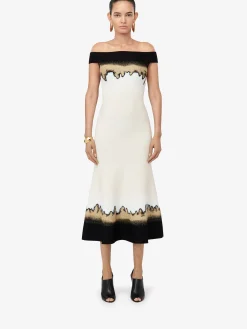 Store Alexander McQueen Women's Off-the-shoulder Jacquard Dress in Ivory/Black/Gold