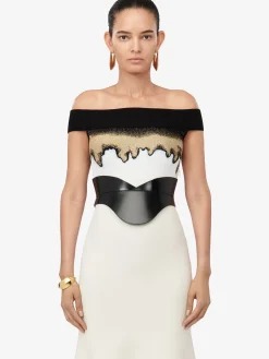 Store Alexander McQueen Women's Off-the-shoulder Jacquard Dress in Ivory/Black/Gold