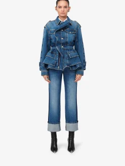 Best Alexander McQueen Women's Patch Pocket Peplum Denim Jacket in Washed Blue