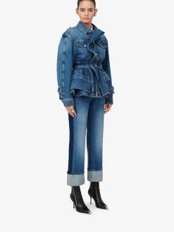 Best Alexander McQueen Women's Patch Pocket Peplum Denim Jacket in Washed Blue