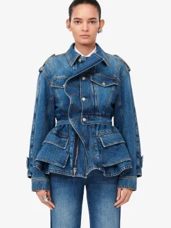 Best Alexander McQueen Women's Patch Pocket Peplum Denim Jacket in Washed Blue