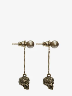 Store Alexander McQueen Women's Pave Skull Chain Earrings in Gold