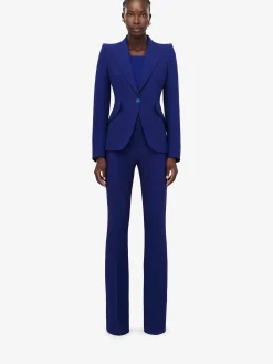 Store Alexander McQueen Women's Peak Shoulder Leaf Crepe Jacket in Electric Navy