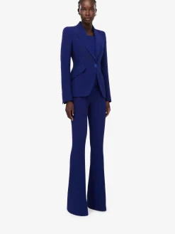 Store Alexander McQueen Women's Peak Shoulder Leaf Crepe Jacket in Electric Navy