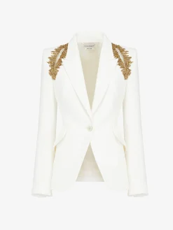 Fashion Alexander McQueen Women's Peak Shoulder Leaf Crepe Jacket in Light Ivory