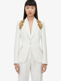 Fashion Alexander McQueen Women's Peak Shoulder Leaf Crepe Jacket in Light Ivory