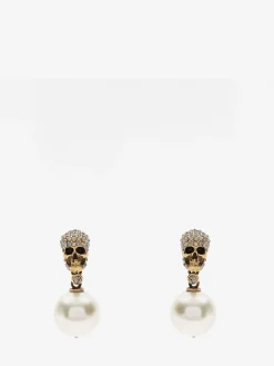 Discount Alexander McQueen Women's Pearl Pave Skull Earrings in Antique Gold