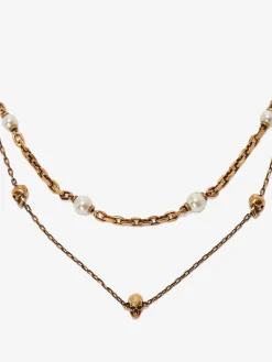Clearance Alexander McQueen Women's Pearl Skull Chain Necklace in Antique Gold