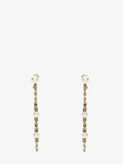 Clearance Alexander McQueen Women's Pearl Skull Drop Chain Earrings in Antique Gold