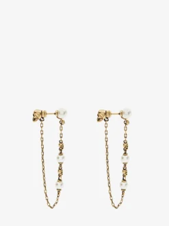 Clearance Alexander McQueen Women's Pearl Skull Drop Chain Earrings in Antique Gold