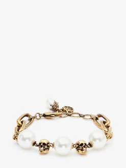 Discount Alexander McQueen Women's Pearl-like Skull Chain Bracelet in Antique Gold