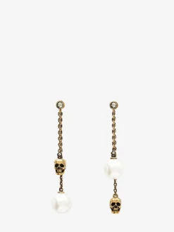 Store Alexander McQueen Women's Pearl-like Skull Chain Drop Earring in Antique Gold