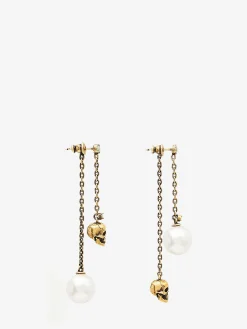 Store Alexander McQueen Women's Pearl-like Skull Chain Drop Earring in Antique Gold