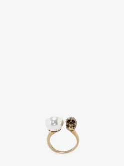 Shop Alexander McQueen Women's Pearl-like Skull Ring in Antique Gold
