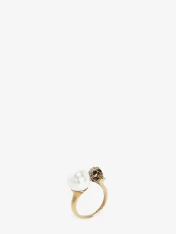 Shop Alexander McQueen Women's Pearl-like Skull Ring in Antique Gold