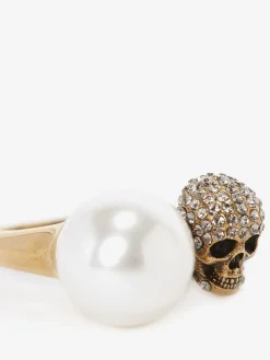 Shop Alexander McQueen Women's Pearl-like Skull Ring in Antique Gold