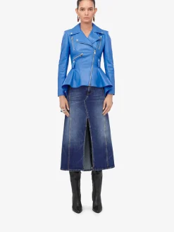 Discount Alexander McQueen Women's Peplum Leather Jacket in Lapis Blue