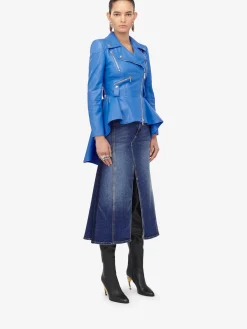 Discount Alexander McQueen Women's Peplum Leather Jacket in Lapis Blue