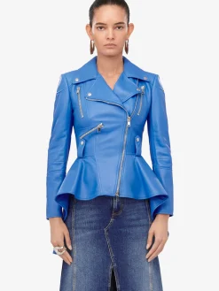 Discount Alexander McQueen Women's Peplum Leather Jacket in Lapis Blue