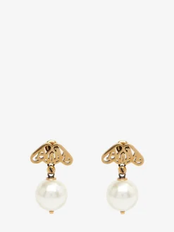Shop Alexander McQueen Women's Seal Logo Pearl Earrings in Gold