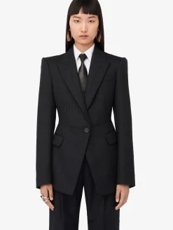 Cheap Alexander McQueen Women's Sharp Peplum Single-breasted Jacket in Dark Grey Melange