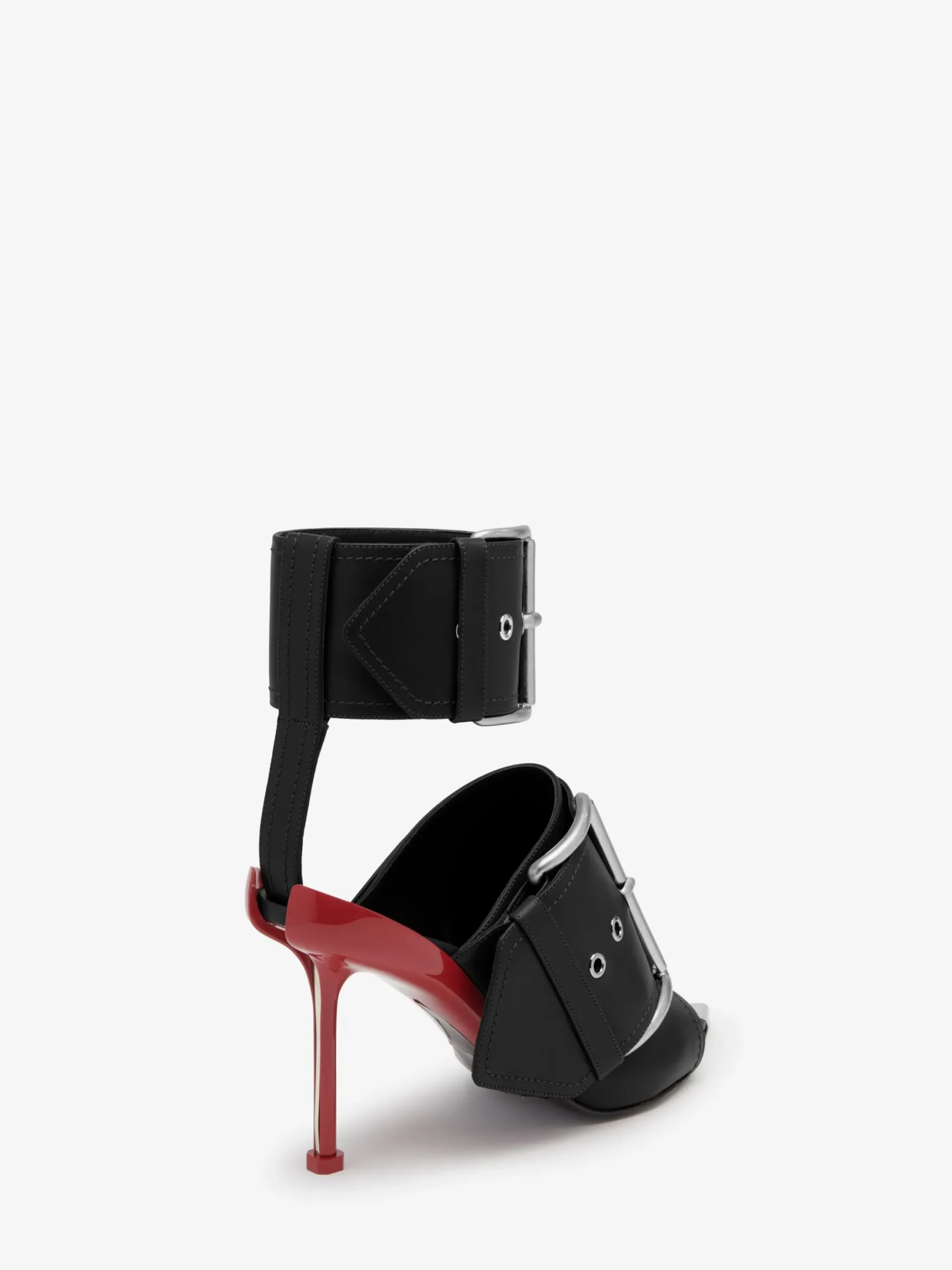 Store Alexander McQueen Women's Slash Buckle Sandal in Black/Silver/Blood Red