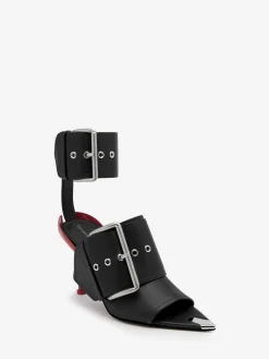 Store Alexander McQueen Women's Slash Buckle Sandal in Black/Silver/Blood Red