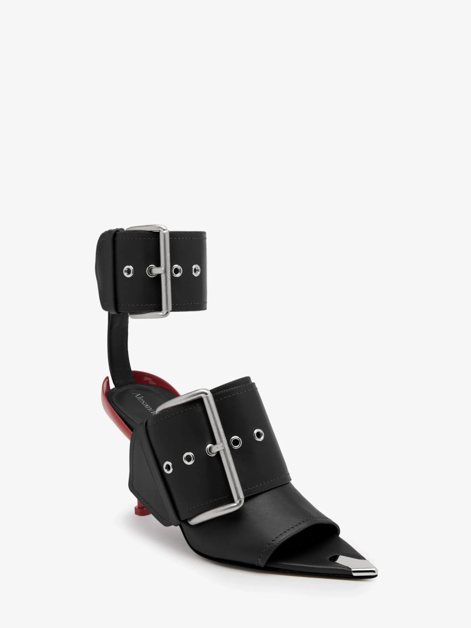 Store Alexander McQueen Women's Slash Buckle Sandal in Black/Silver/Blood Red