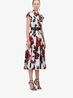 Discount Alexander McQueen Women's Tudor Rose Flared Shirt Dress in Optic White